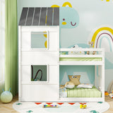 House Bunk Bed Twin Over Twin, Solid Wood Floor Bunk Bed with Built in Ladder