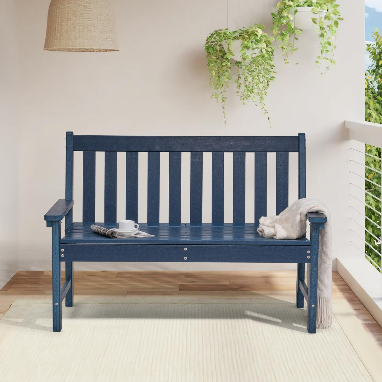 Outdoor Garden Bench, All Weather HDPE Patio Porch Bench with Faux Wood Grain Pattern