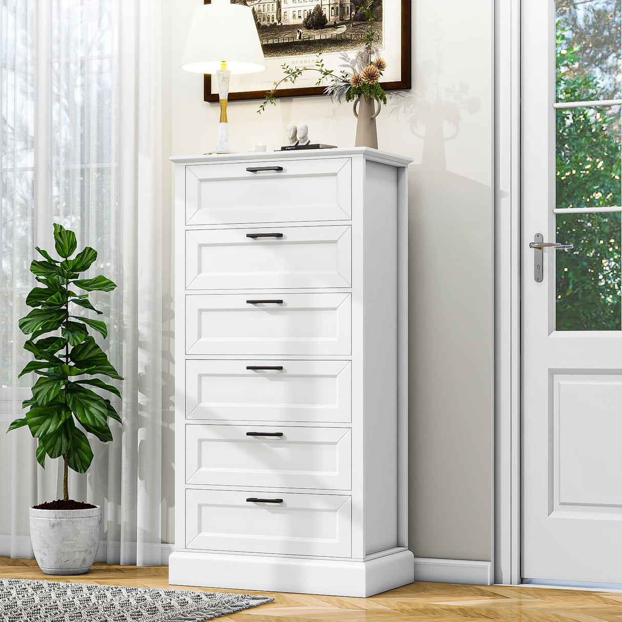 Tall White 6 Drawer Dresser, Wood Vertical Chest of Drawers for Bedroom, 55