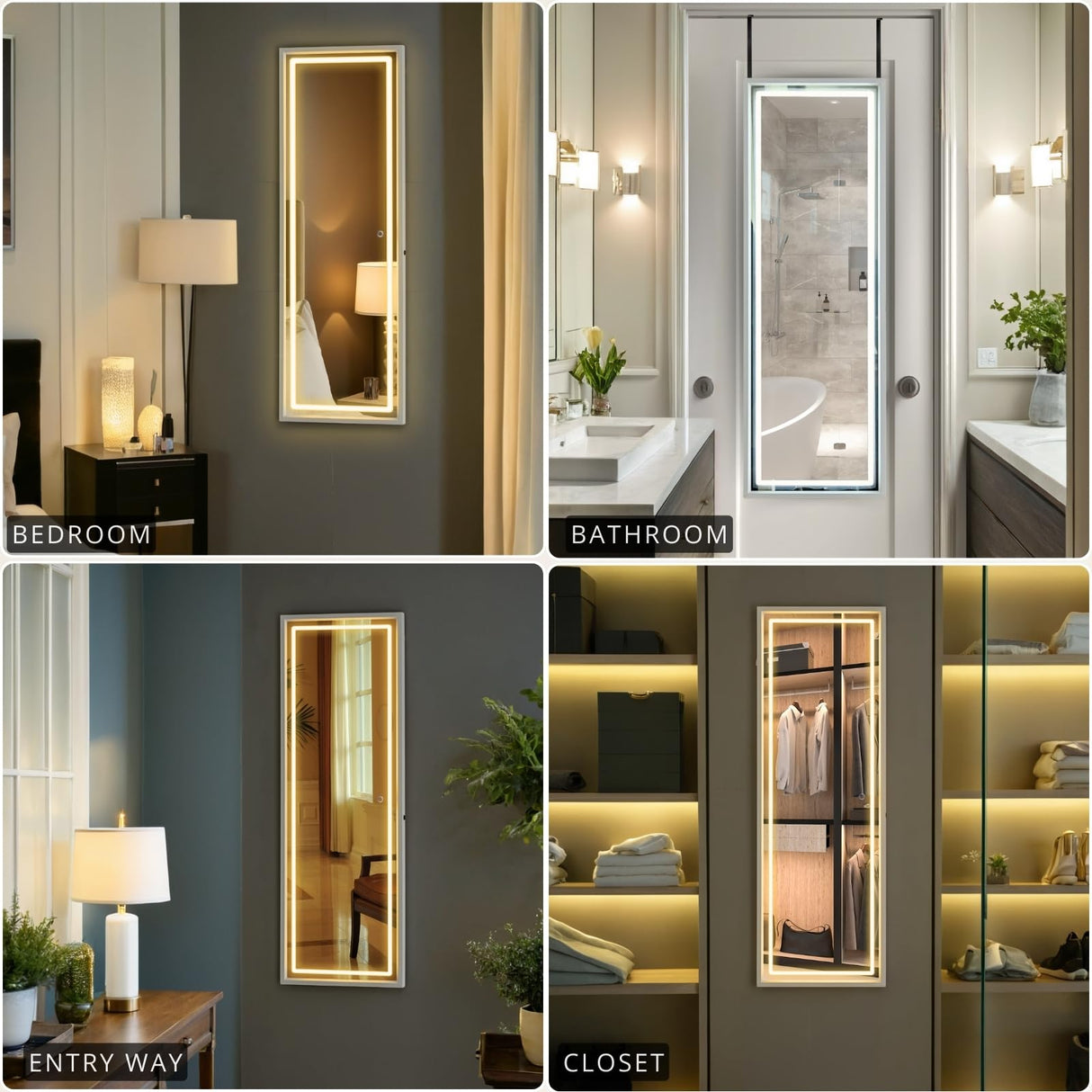 LED Door Mirror Full Length, Over The Door Hanging Lighted Mirror, Full Body Wall Mounted Mirror, Light Up Long Dressing Mirror 42.5" X 14.4"