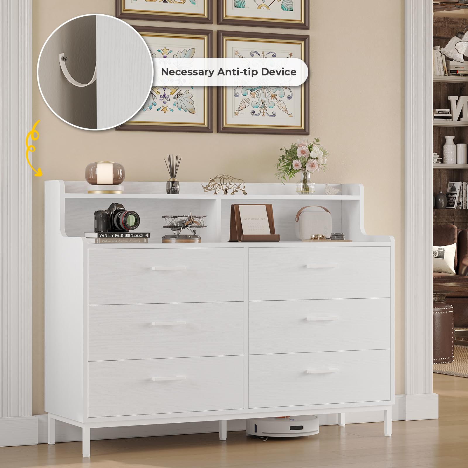 6 Drawers Double Dresser with Shelves, Large Wooden Storage Tower Organizer