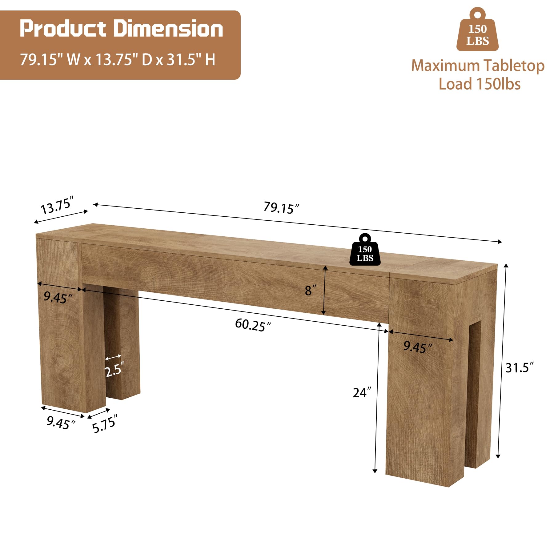 79-Inch Extra Long Console Table - Natural Oak Wood Entryway & Sofa Table