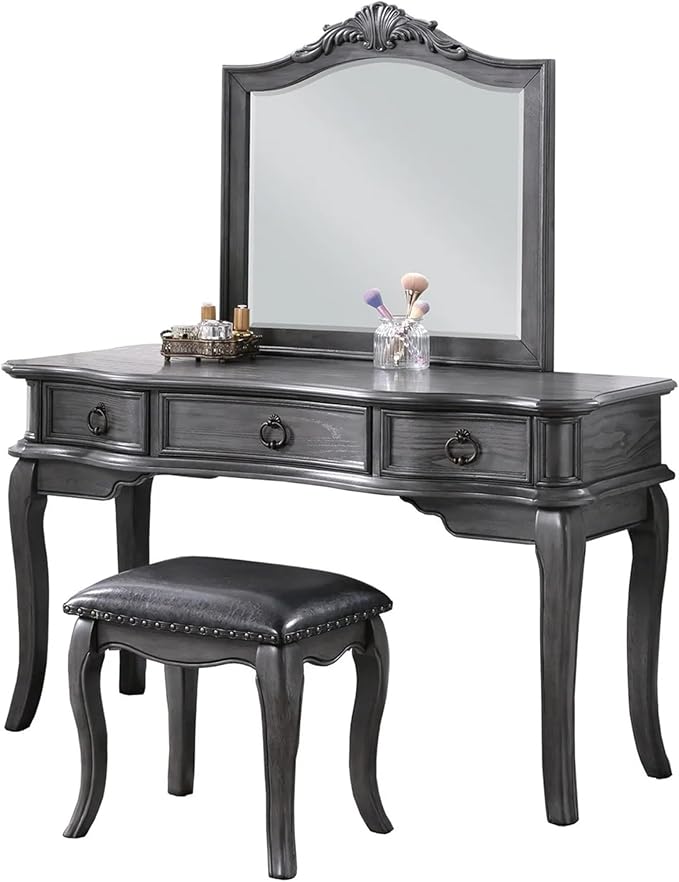 FYN 60 Inch Vanity Desk Set with Matching Stool and Mirror, Gray Solid Wood