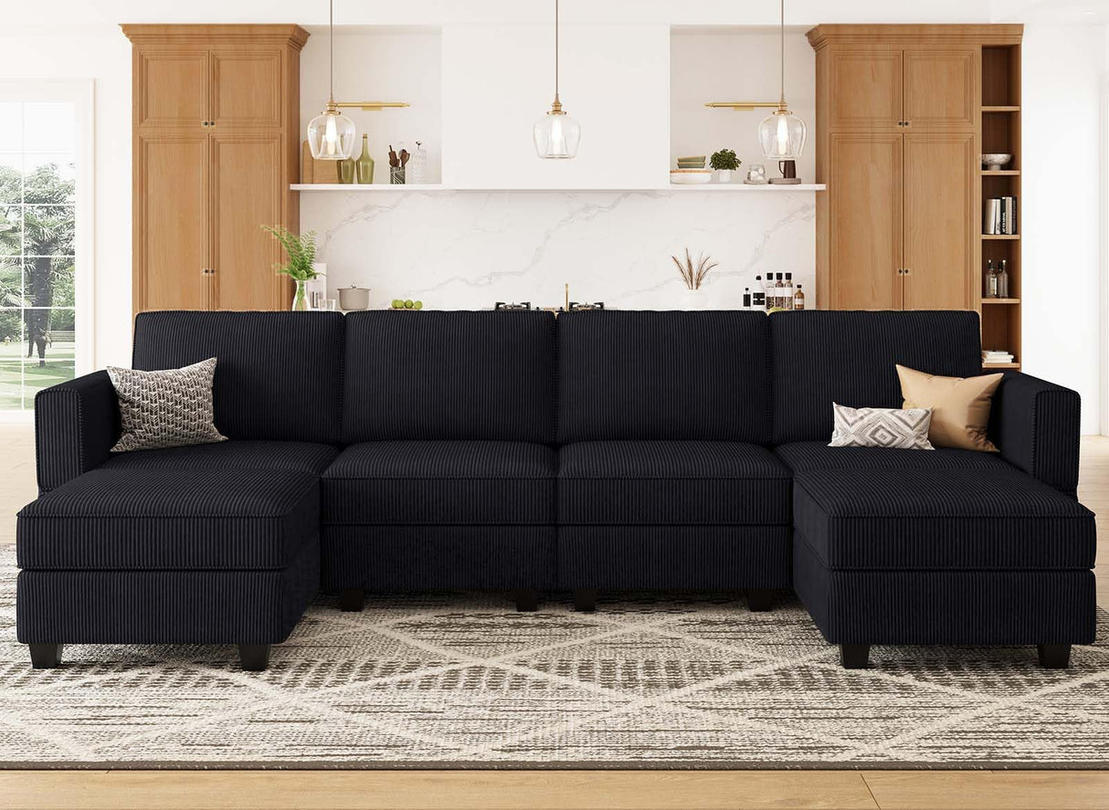 Belffin Modular Sectional Sofa Modern U Shaped Sectional Couch with Storage Seat Modular Couch Corduroy (Black, U Shape Sofa-1)