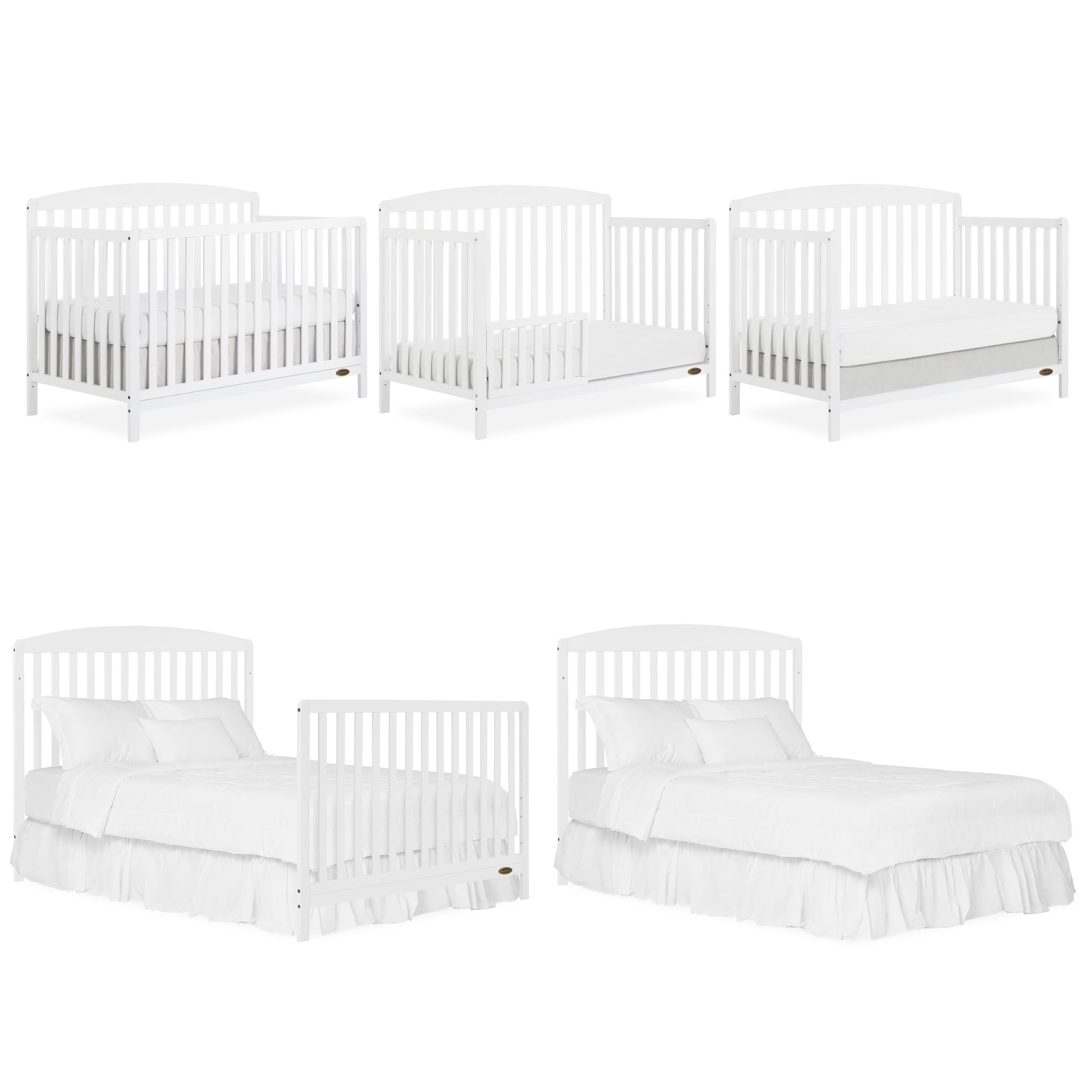 JPMA & Greenguard Gold Certified Odelle 5 in 1 Convertible Crib in White, Built of Sustainable Pinewood, 3 Mattress Height Settings, Non-Toxic Water-Based Paint Finish