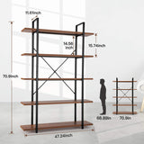 Wood and Metal Minimalist 5 Tier Bookshelf, 6 feet Tall Open Rustic Wide Bookcase