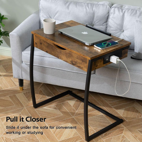 C Table End Table with Charging Station, TV Tray Table, Couch Tables That Slide Under