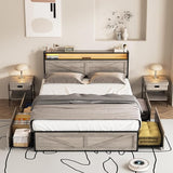 LED Full Size Bed Frame with Charging Station, Platform Metal Headboard Storage