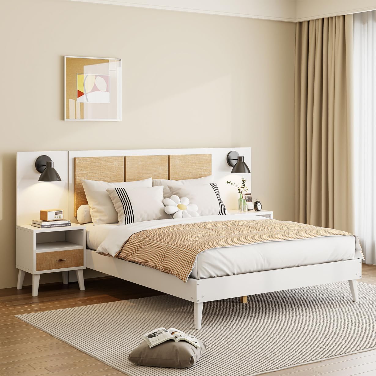 Queen Size Solid Wood Bed Frame with 2 Nightstands, Modern Platform Bed