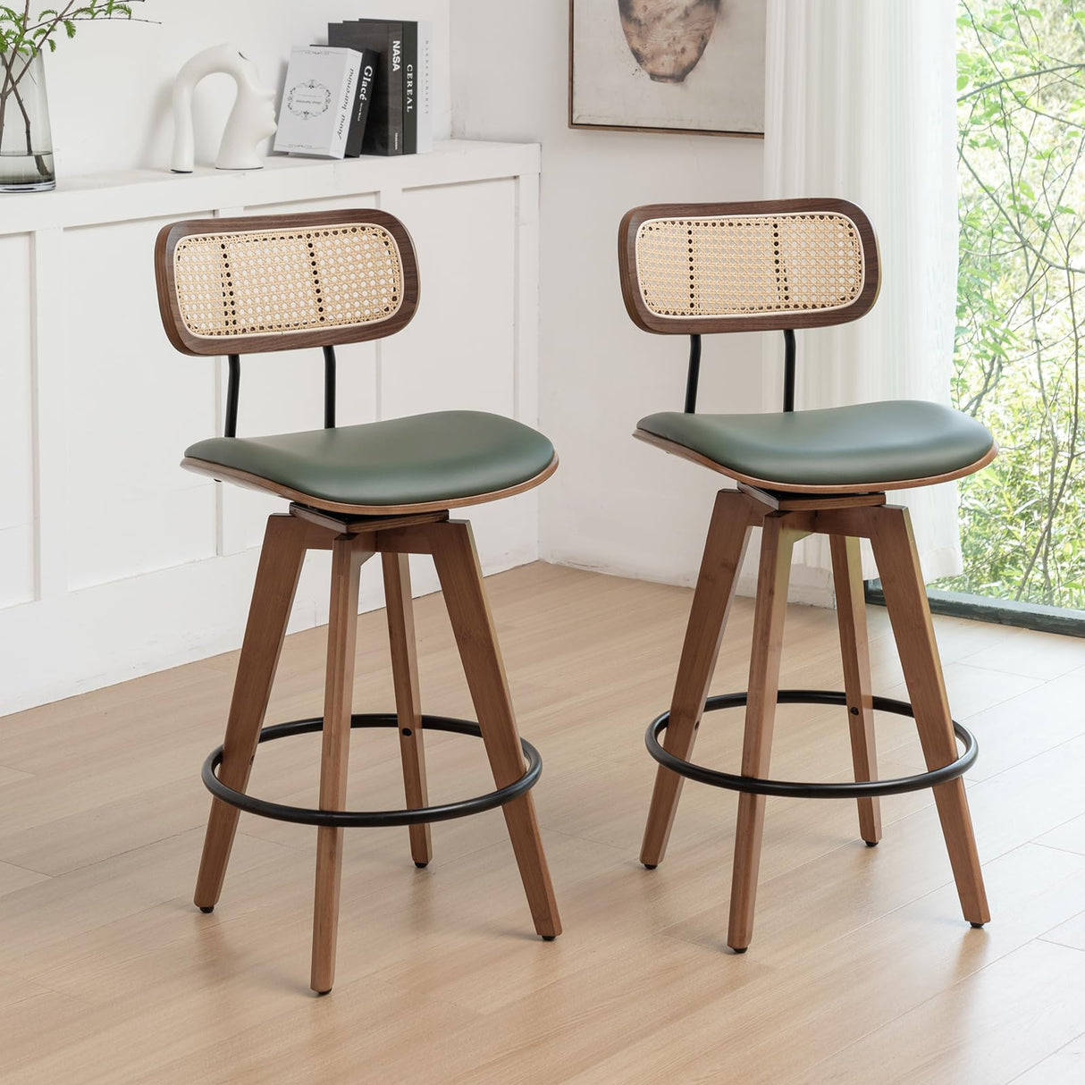 Rattan Bar Stools Set of 2, Faux Leather Counter Height Swivel Barstools