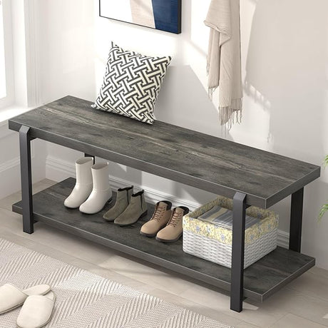 Shoe Bench, Industrial Entryway Bench with Storage, Rustic Wood and Metal Shoe Rack