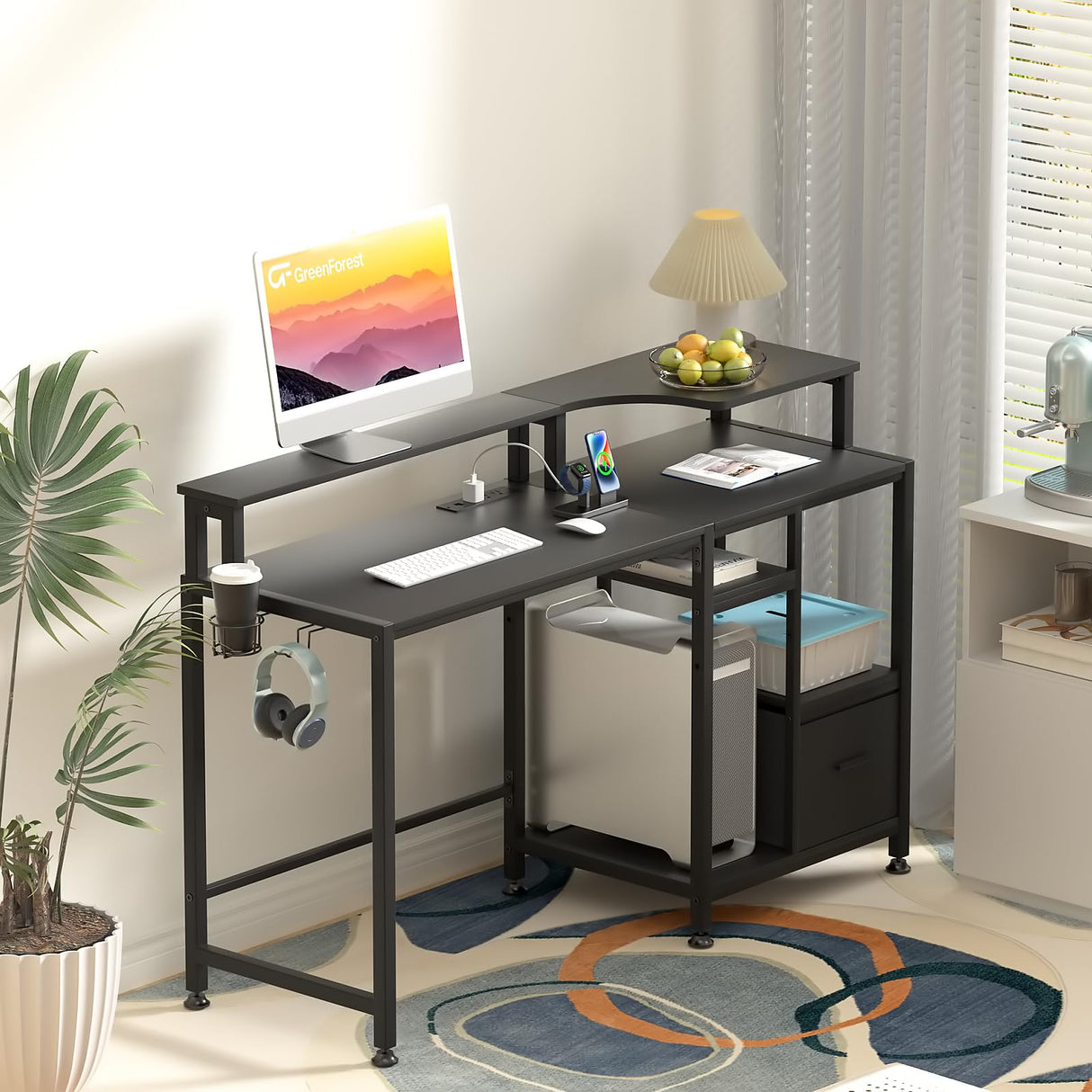 Computer Desk with Drawers, Home Office Desk with Printer Shelf, 55 inches Black Desk with Storage, Writing Study Desk with Monitor Stand, Small Work Desk for Bedroom, Black