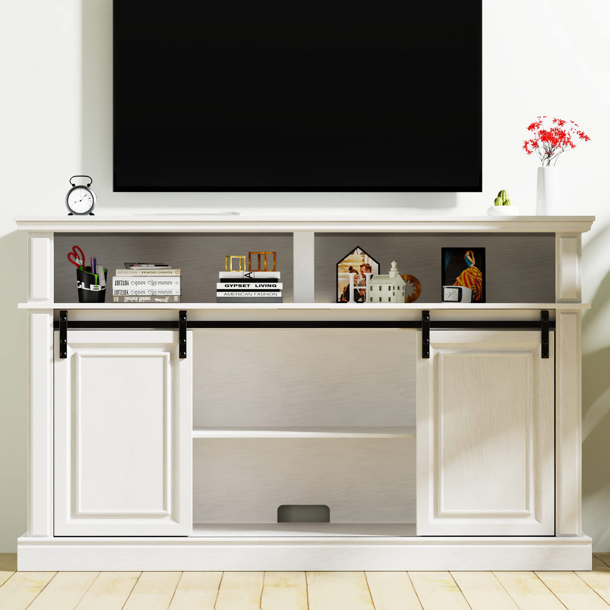 White TV Stand, Entertainment Center for 65 inch TV, 58" Farmhouse TV Stand