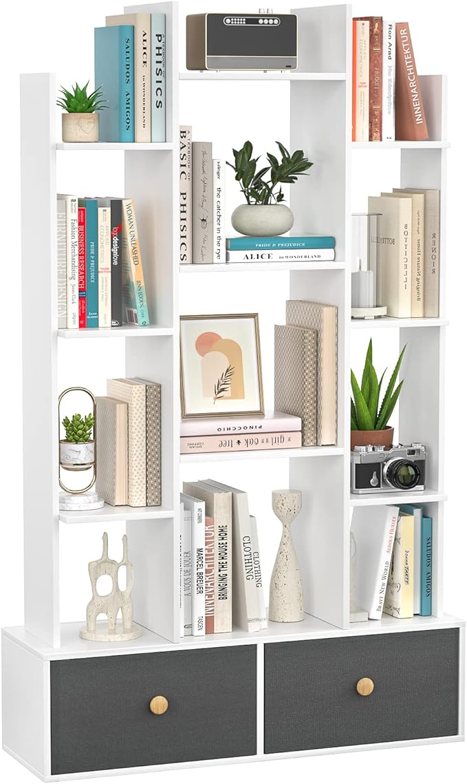 Bookshelf with 2 Drawers Free Standing Bookcase, Office Storage Shelf Organizer with 12