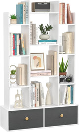 Bookshelf with 2 Drawers Free Standing Bookcase, Office Storage Shelf Organizer with 12