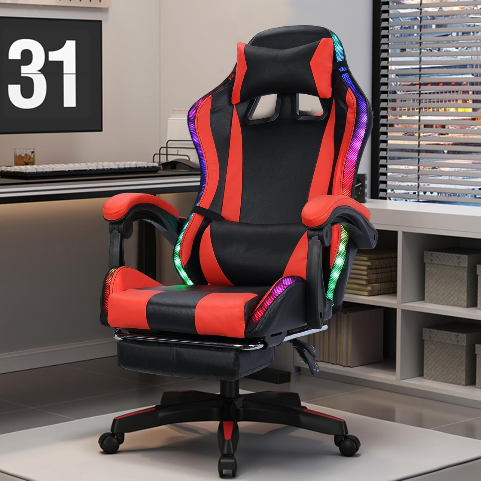 Gaming Chair with Bluetooth Speakers and LED Lights - Ergonomic High Back with Massage and Lumbar Support
