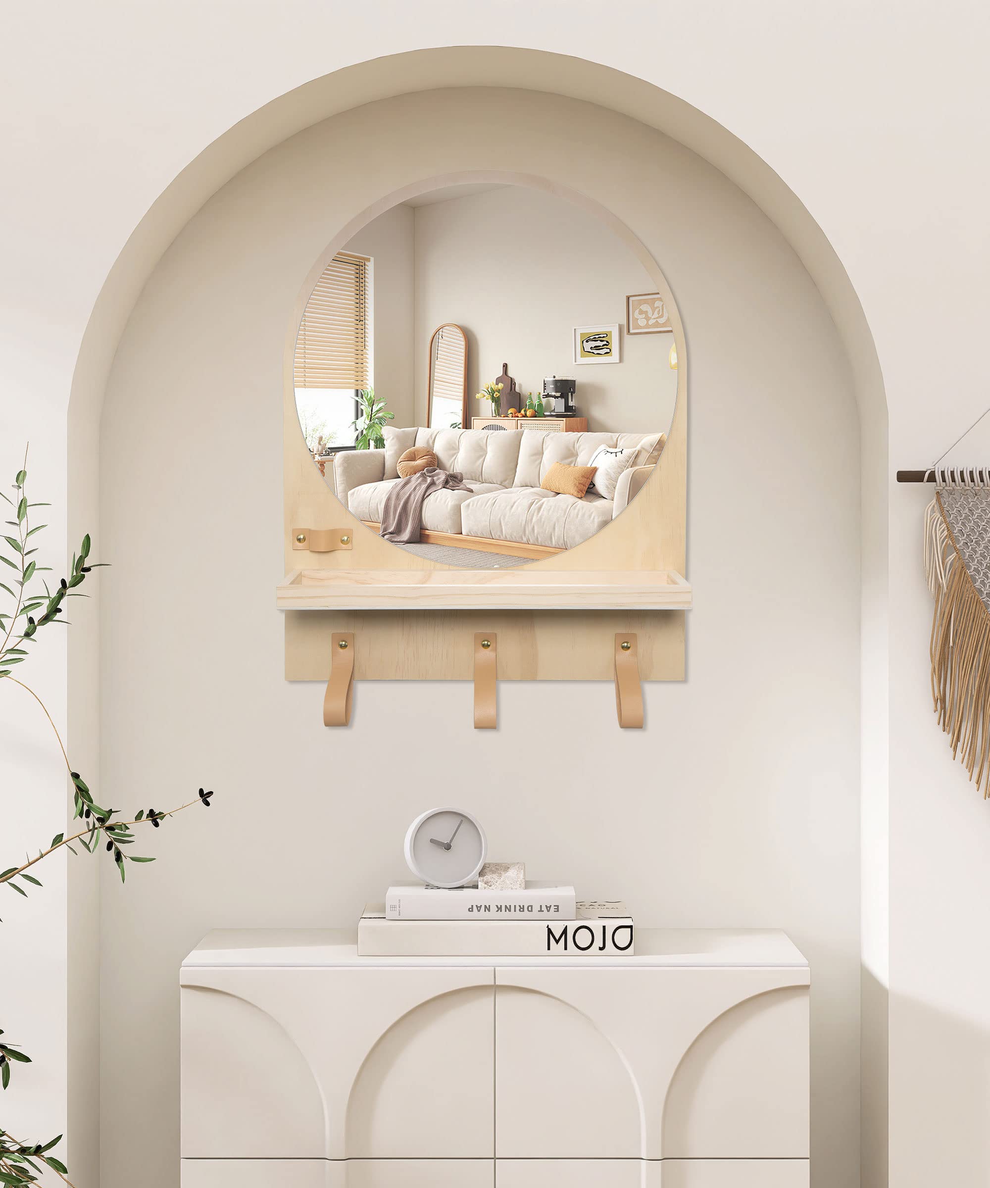 Kids Bathroom Mirror with Shelf, Entryway Home Organizer Arched Wood Boho Storage Mirrors