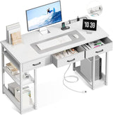 Inch Computer Desk with Fabric Drawers & Power Outlets, Office Desk with Storage Shelves & CPU Stand, Writing Study Table, Small Desk for Bedroom, White