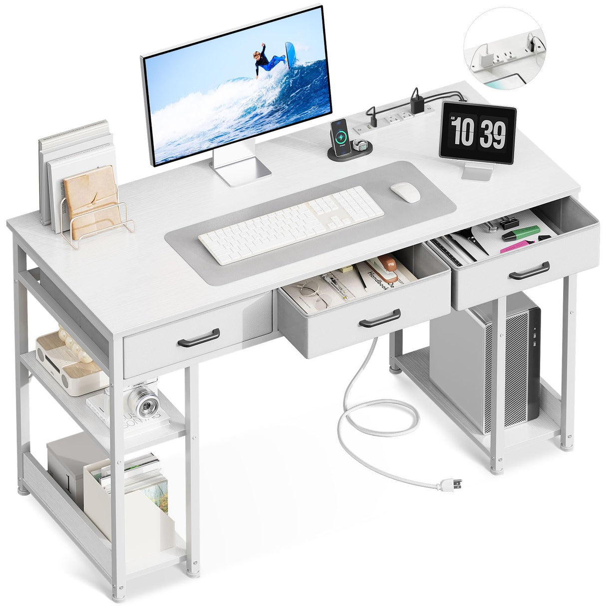 Inch Computer Desk with Fabric Drawers & Power Outlets, Office Desk with Storage Shelves & CPU Stand, Writing Study Table, Small Desk for Bedroom, White