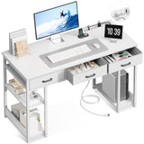 Inch Computer Desk with Fabric Drawers & Power Outlets, Office Desk with Storage Shelves & CPU Stand, Writing Study Table, Small Desk for Bedroom, White