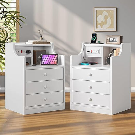 Nightstand Set 2,Gray Nightstand with Charging Station & Hutch