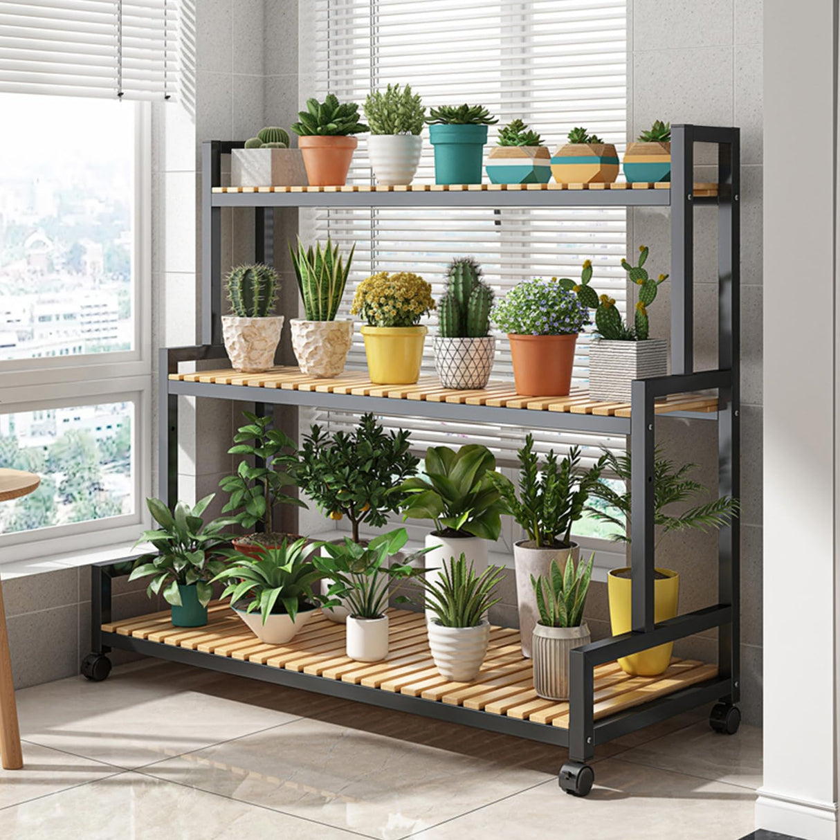 Rolling Rustic Plant Stand, 3 Tier Heavy Duty Metal Plant Shelf with Wheels Flower Plant Holder Shelves Rack with Pine Wood for Multiple Plants Indoor Home Outdoor Patio Balcony Yard Garden Black