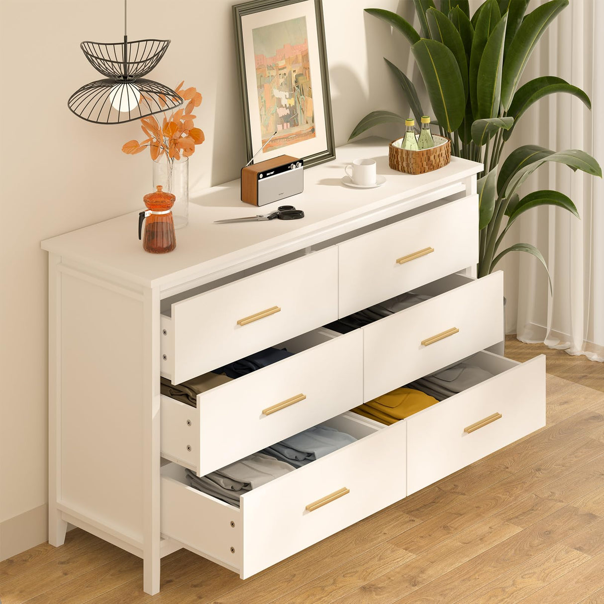 6 Drawers Wood Dresser for Bedroom, Wide Chest of Drawers