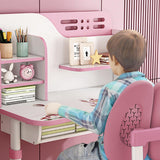 Desk Chair Set,Height Adjustable Children's Desk and Chair School Study Table Chair with Astronaut Pattern,Ergonomic Desk Chair with Writing Board, Bookshelf and Drawer Pink