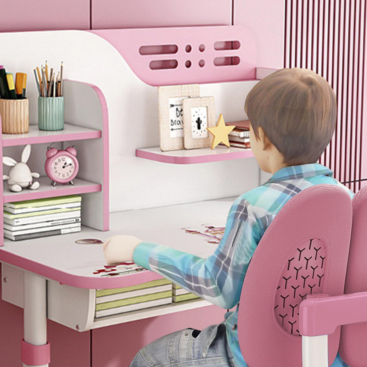 Study Desk Chair Set,Height Adjustable Children's Desk and Chair School Study Table Chair with Astronaut Pattern,Ergonomic Desk Chair with Writing Board, Bookshelf and Drawer Pink