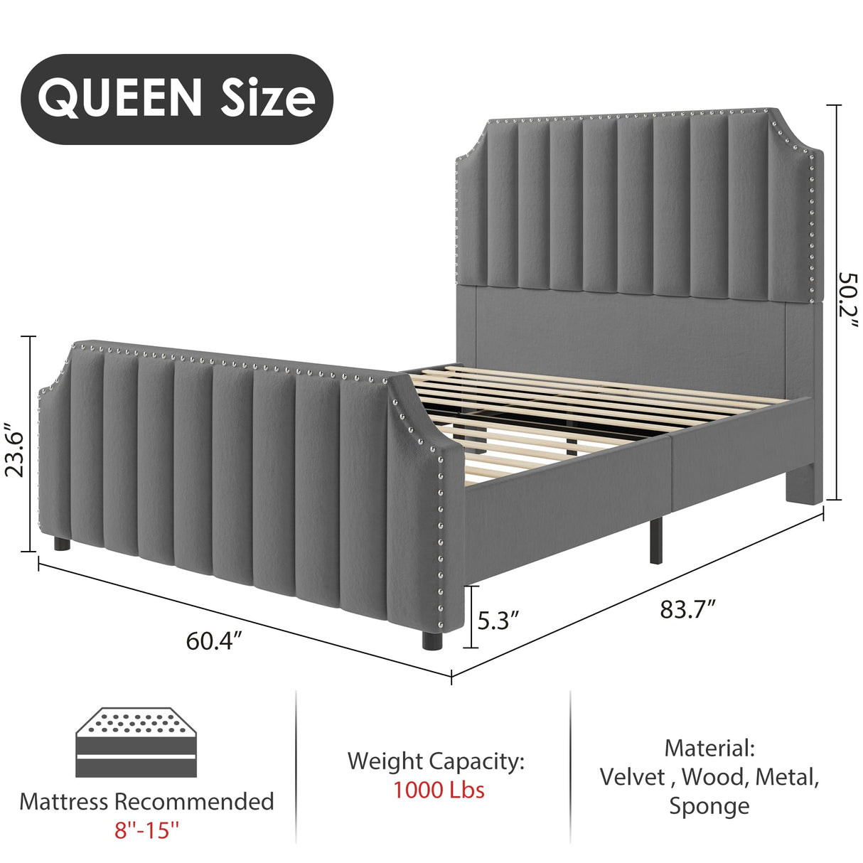 Queen Size Platform Bed Frame with 50.2" Headboard, Velvet Upholstered Bed Frame