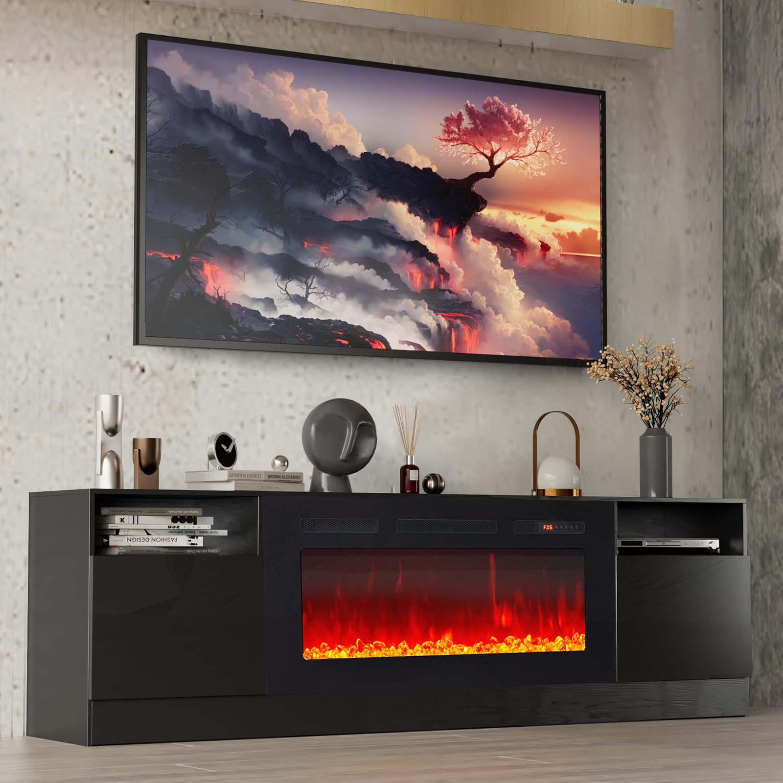 Fireplace TV Stand with 36" Electric Fireplace, LED Light Entertainment Center, Modern