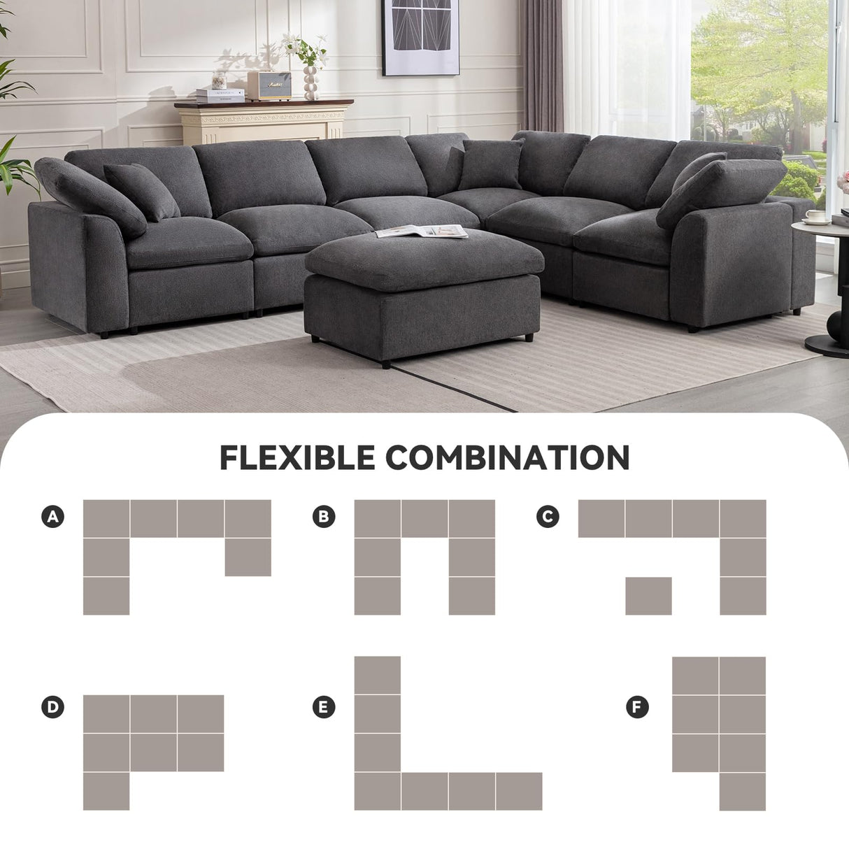 Modular Sectional Sofa Modern Oversized Cloud Couch with Movable Ottoman 7 Seater