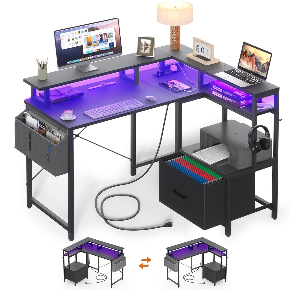 Small Computer Desk with File Drawer Cabinet, L Shaped Office Desk with Printer Stand & Monitor Stand