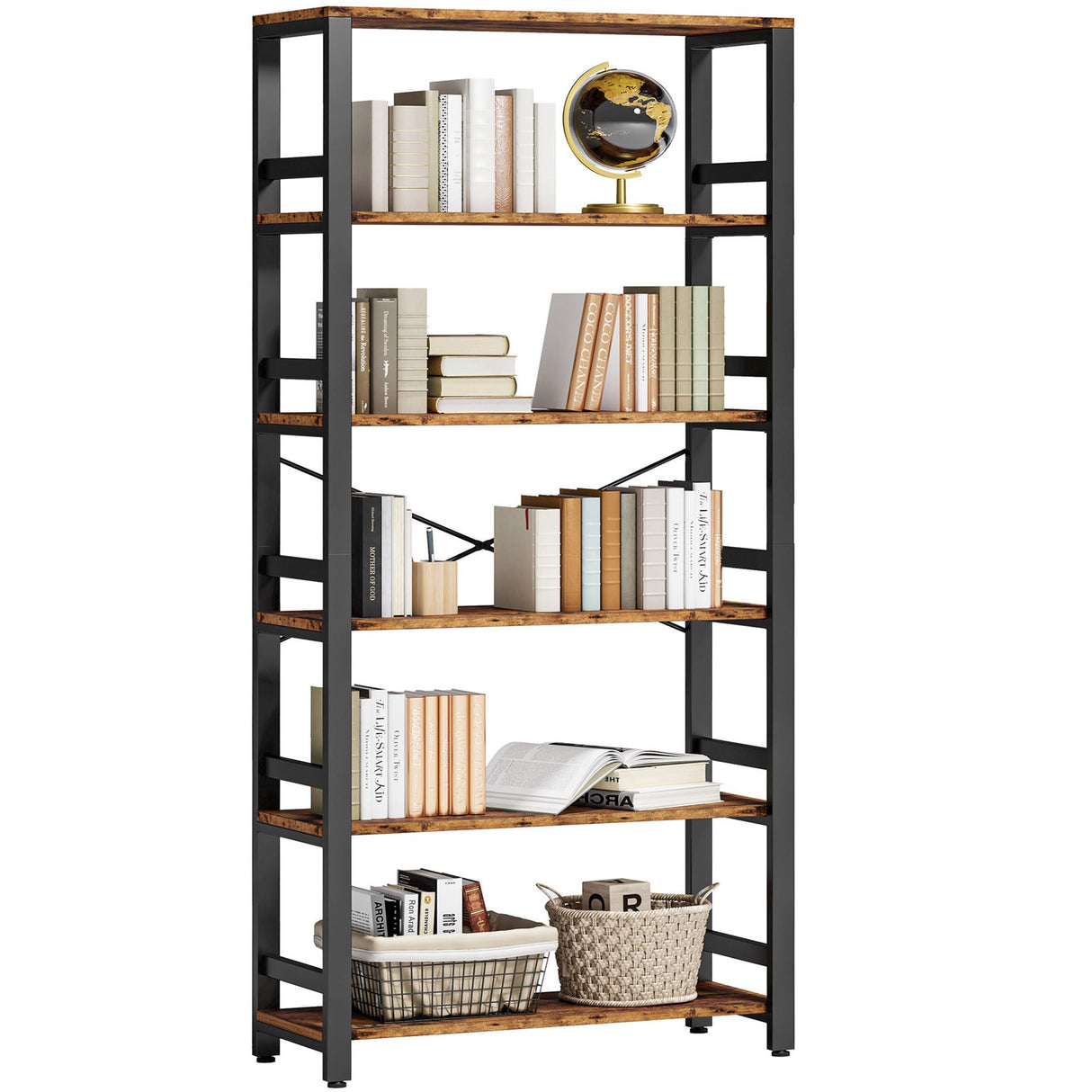 Bookshelf, 31.5in Wide Shelf 6 Tier Bookcase, 110lbs/shelf Vintage Industrial Style Bookshelves