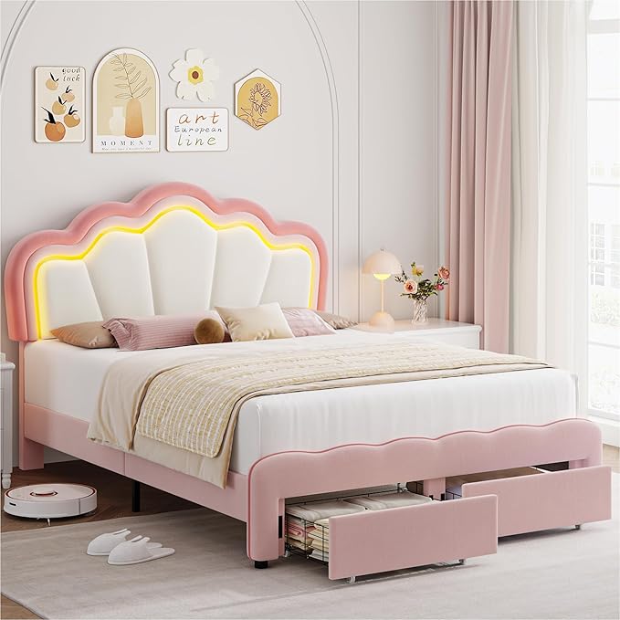 Twin Upholstered LED Bed Frame with Storage Drawer, Cute Girls Bed with Adjustable