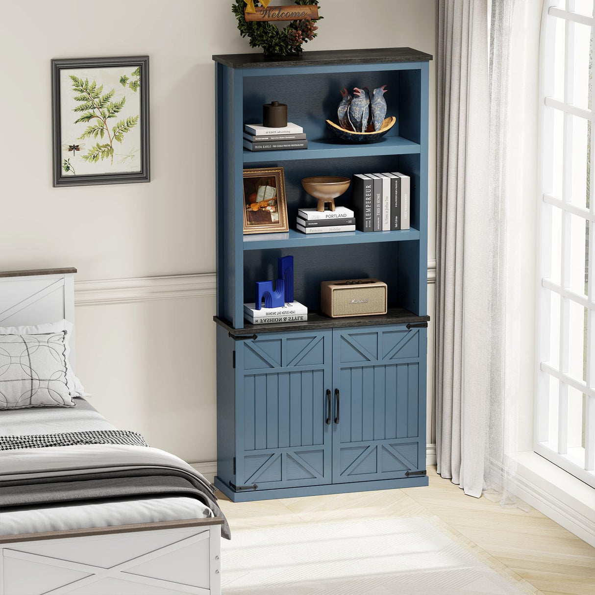 5 Tier Farmhouse Book Shelf with Storage Cabinet, Bookcase with Doors and shelves,