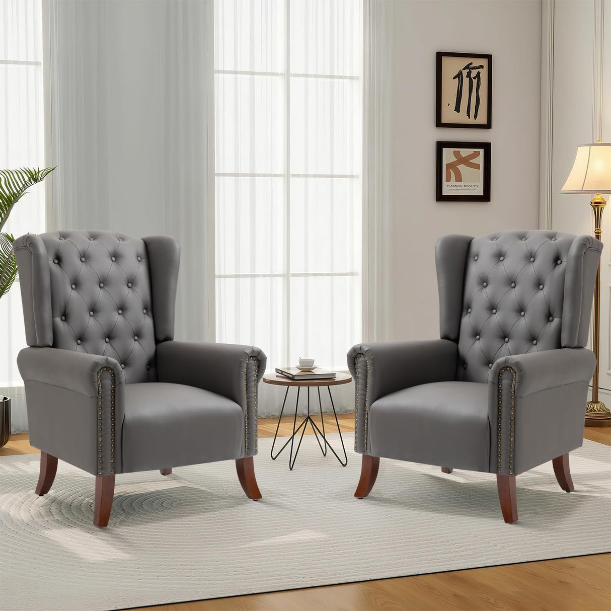 Modern PU Leather Accent Chairs Set of 2, Mid-Century Living Room Chairs Upholstered