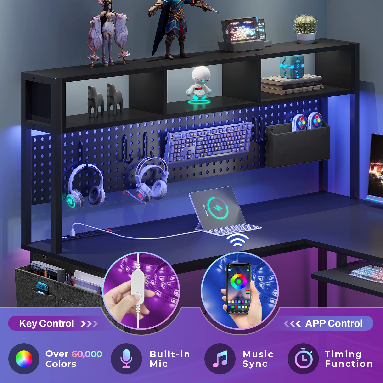 Shaped Gaming Desk, Reversible Computer Desk with Power Outlet and Pegboard