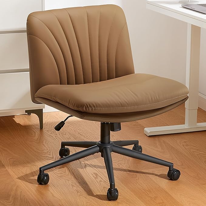 Armless-Office Desk Chair with Wheels: PU Leather Cross Legged Wide Chair