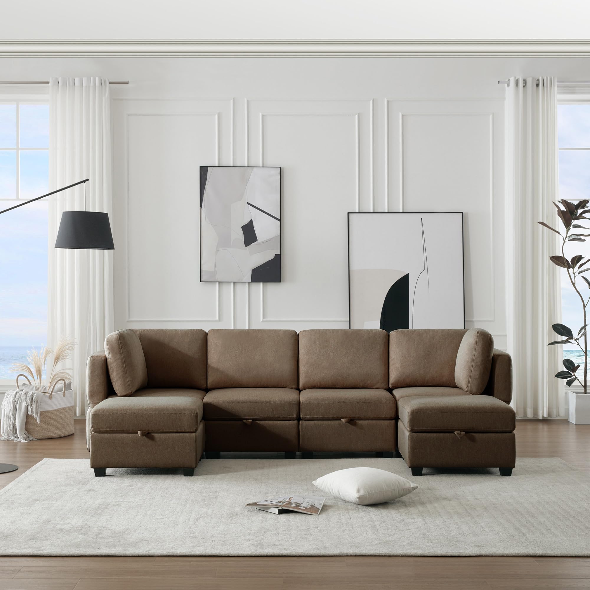 4 Seat U-Shape Linen Couch with 2 Reversible Storage Chaise