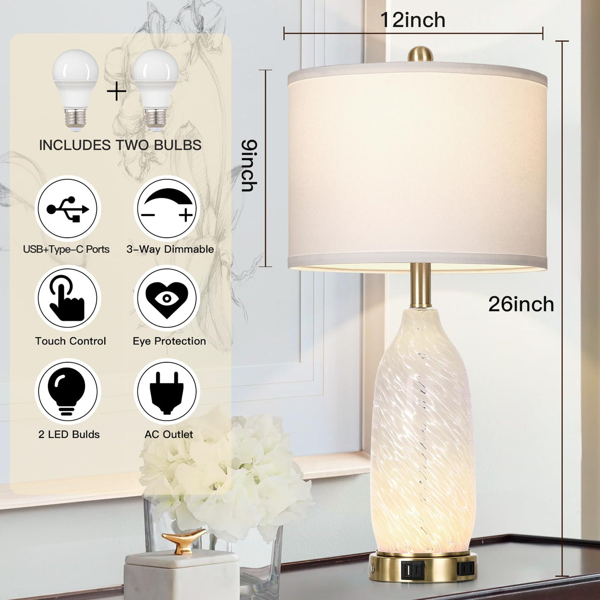 26" Modern Clear Glass Table Lamps Set of 2,Nightstand Lamp with USB A+C Ports & AC