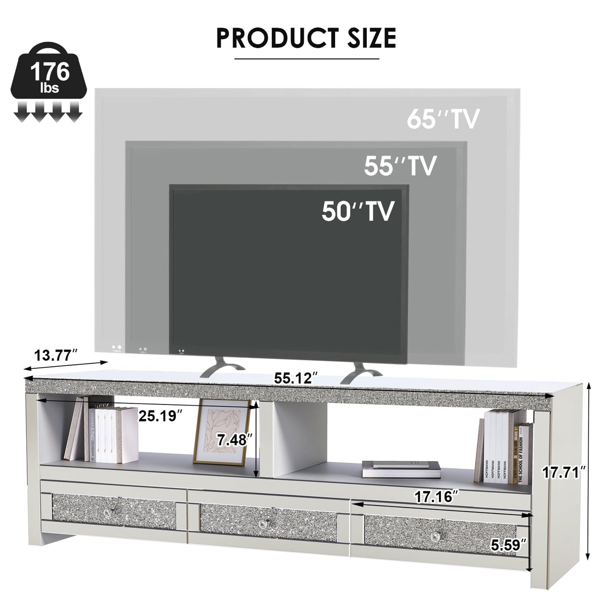 Silver TV Stand for 65 Inch TVs, Mirrored TV Stand with LED Light