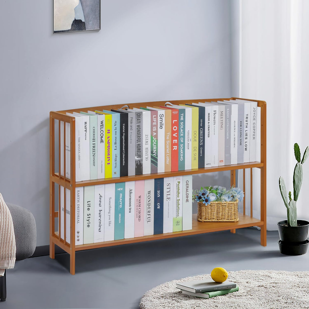 2-Tier Bamboo Open Bookshelf Adjustable Multifunctional Shelving Unit Freestanding Shelf