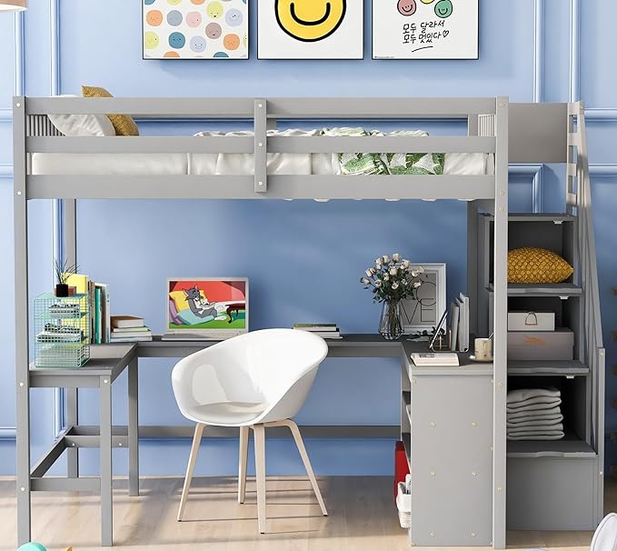 Wood Full Size Loft Bed Frame with Built-in L Shaped Desk & 3 Storage Shelves & Attached Storage Stairs for Kids