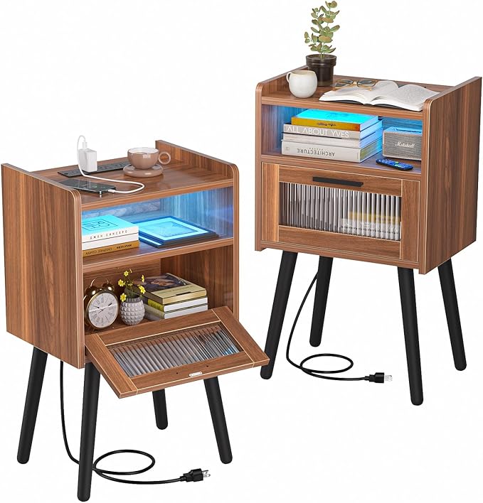 Set of 2 Mid Century Nightstand with Charging Station, Mid Century LED Light Modern End Table