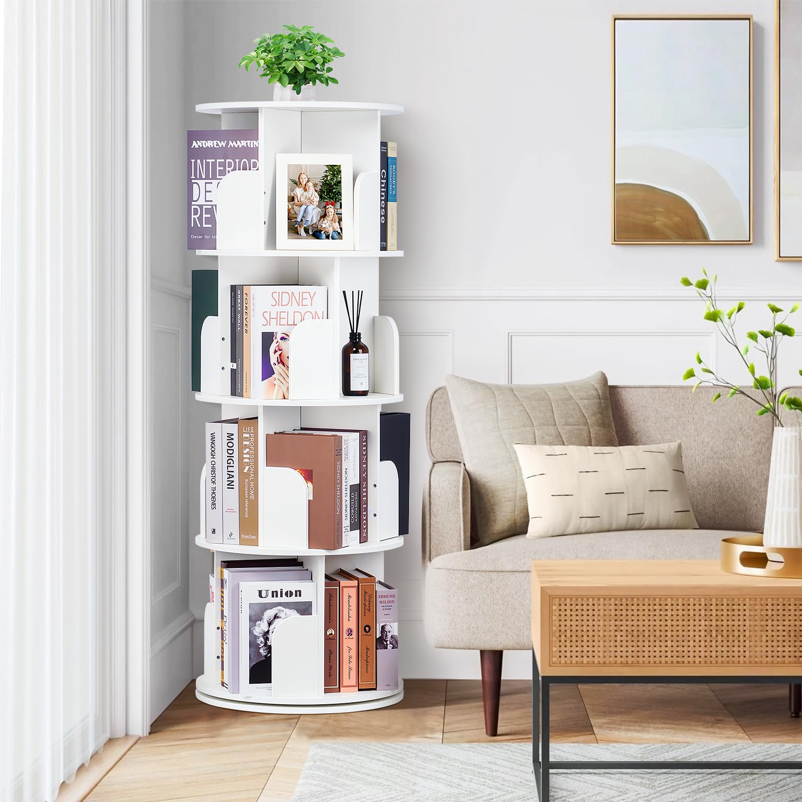 4 Tier Rotating Bookshelf kids, Small Corner Bookshelf for Small Space, 360 Display Floor