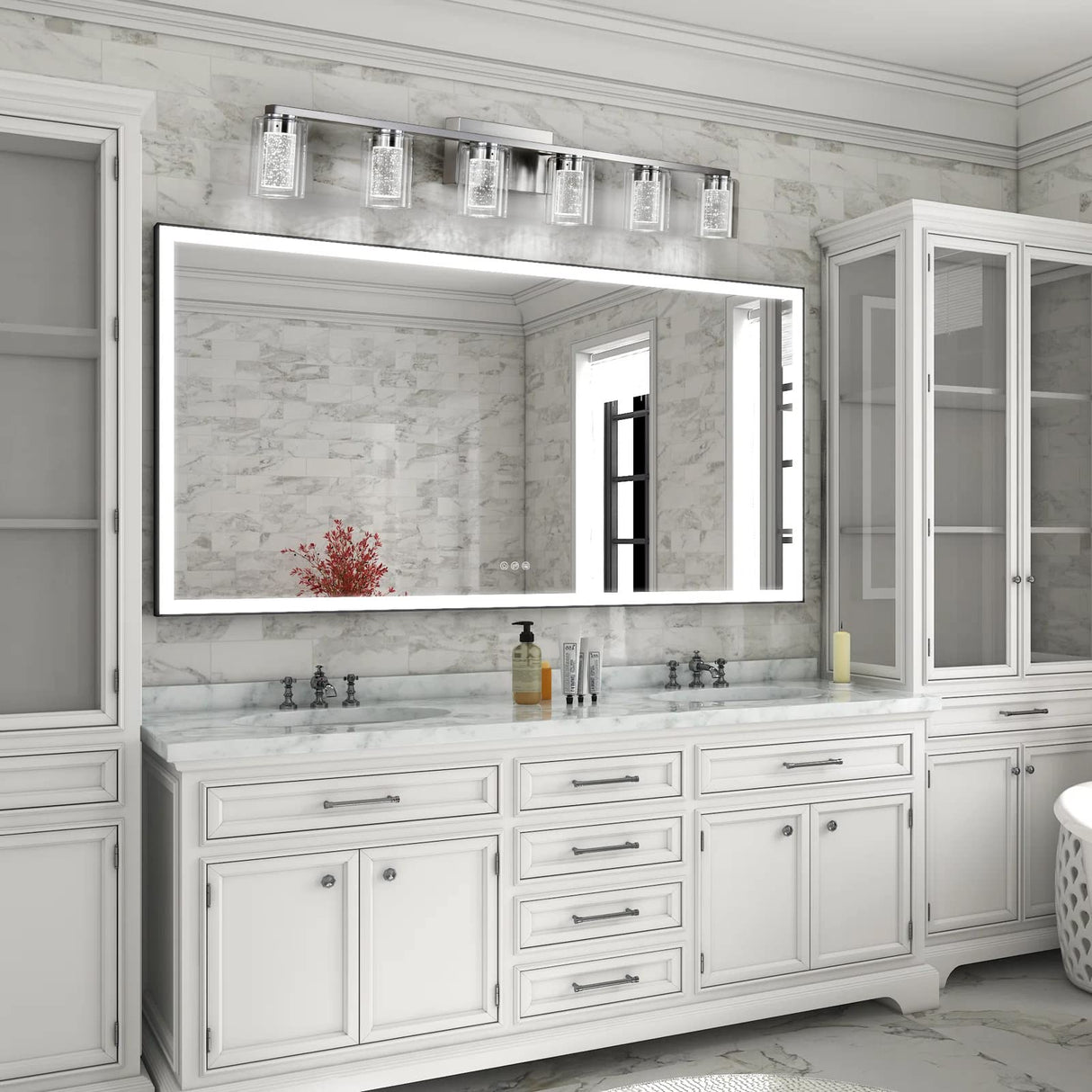 Brushed Nickel 6-Light Vanity Fixtures, Crystal Bubble Glass LED Sconces - Dimmable 3-Color (White/Neutral/Warm) for Bathroom, Hallway, Living Room