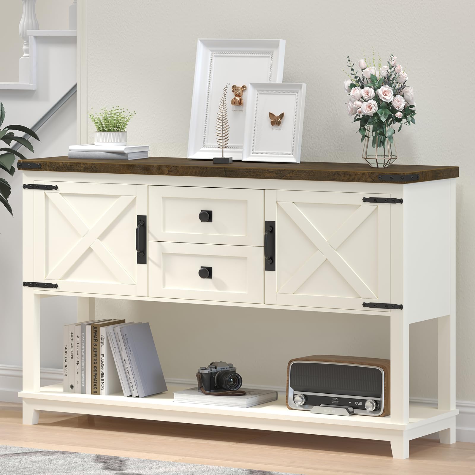 47 Inchs Farmhouse Entryway Table with 2 Drawers, Long Sofa Console Table