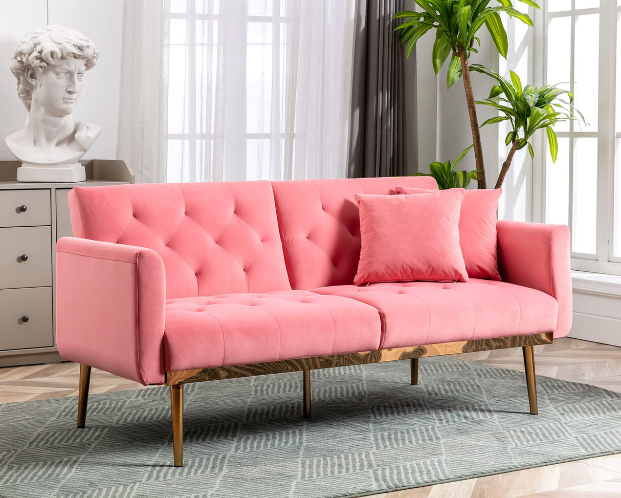 Convertible Velvet Futon Sofa Bed, Upholstered Loveseat Sleeper Couch with 3 Reclining Angles and 2 Pillows, Modern Living Room Sofa Couch with 5 Solid Metal Legs for Guest Room, Office, Peach
