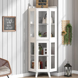 Tall Corner Cabinet with Glass Doors, Modern Storage Cabinet with Adjustable Shelves & Top Guard Rail, Home Space Saver for Bathroom, Living Room, Kitchen, Laundry Room, White